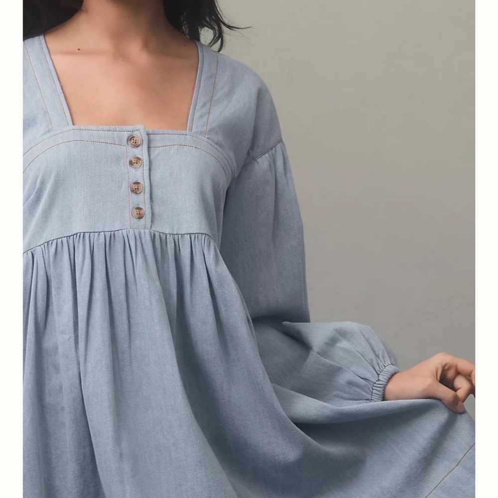 Anthropologie Long-Sleeve Square-Neck Denim Mini Babydoll Dress